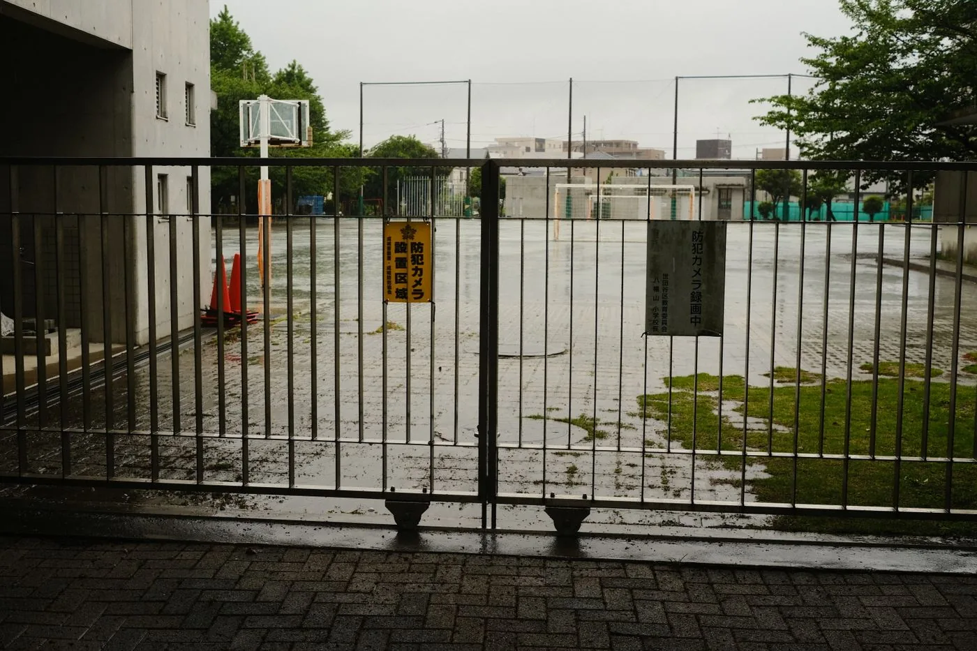 金網の門の向こうに広がる、雨に濡れた学校のグラウンド